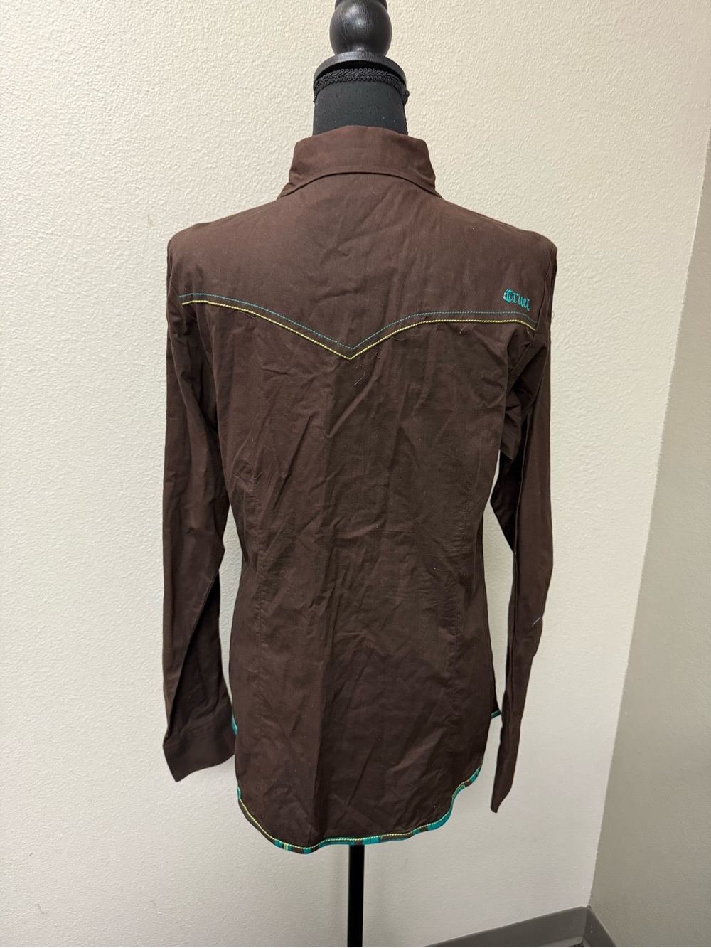 Cruel Girl Brown Western Snap Shirt Turquoise Trim Embroidered Large Boho - Picture 4 of 11